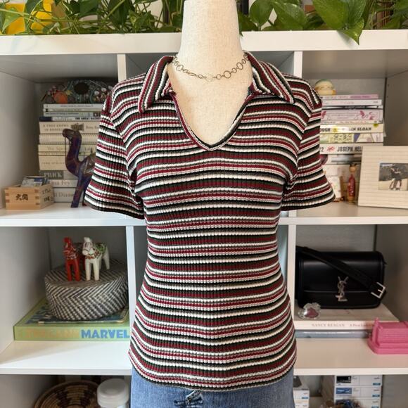 Vintage 90s Cool Wear Mod Striped Slim Ribbed Short Sleeve Polo - Red Wms L - Picture 2 of 9